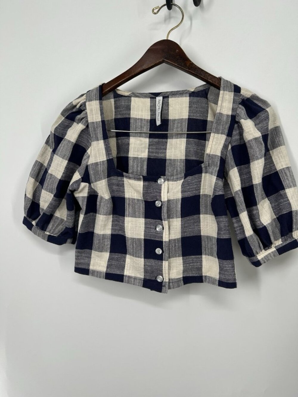 Rachel Pally Blue Plaid Crop Puff Sleeve Womens Size Xs Cotton Top